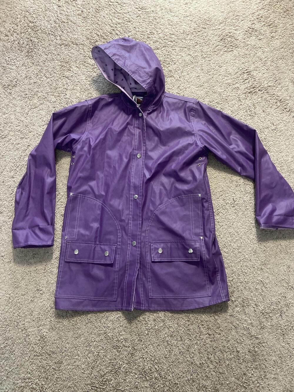 Whimsy Coat Womens Medium Purple Hooded PVC Rain Snap Lined Pockets Mid Length